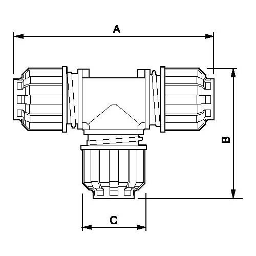 Rysunek techniczny trójnika fi 63 mm typu T: A, B, C
