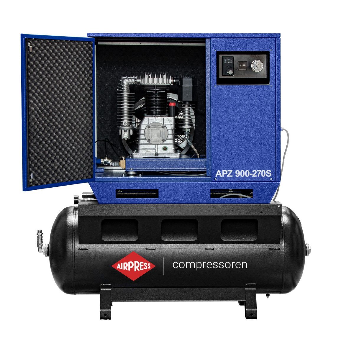 Airpress cichy kompresor dwutłokowy APZ 900-270S 10 bar 7.5 KM/5.5 kW 872 l/min 270 l - połączenie gwiazda-trójkąt