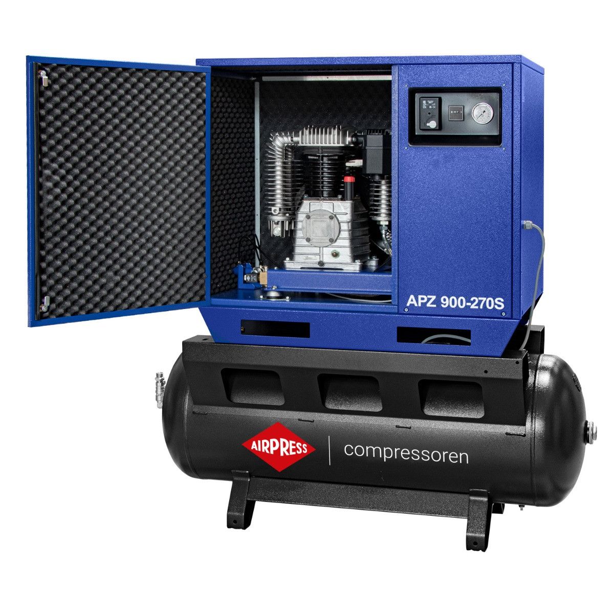 Airpress cichy kompresor dwutłokowy APZ 900-270S 10 bar 7.5 KM/5.5 kW 872 l/min 270 l - połączenie gwiazda-trójkąt