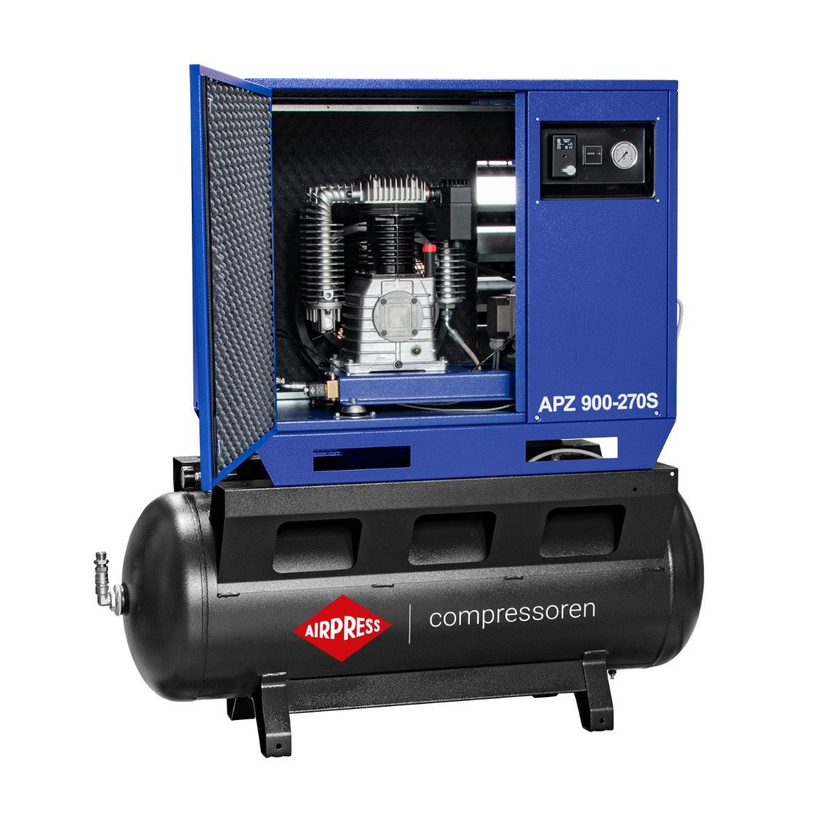 Airpress cichy kompresor dwutłokowy APZ 900-270S 10 bar 7.5 KM/5.5 kW 872 l/min 270 l - połączenie gwiazda-trójkąt