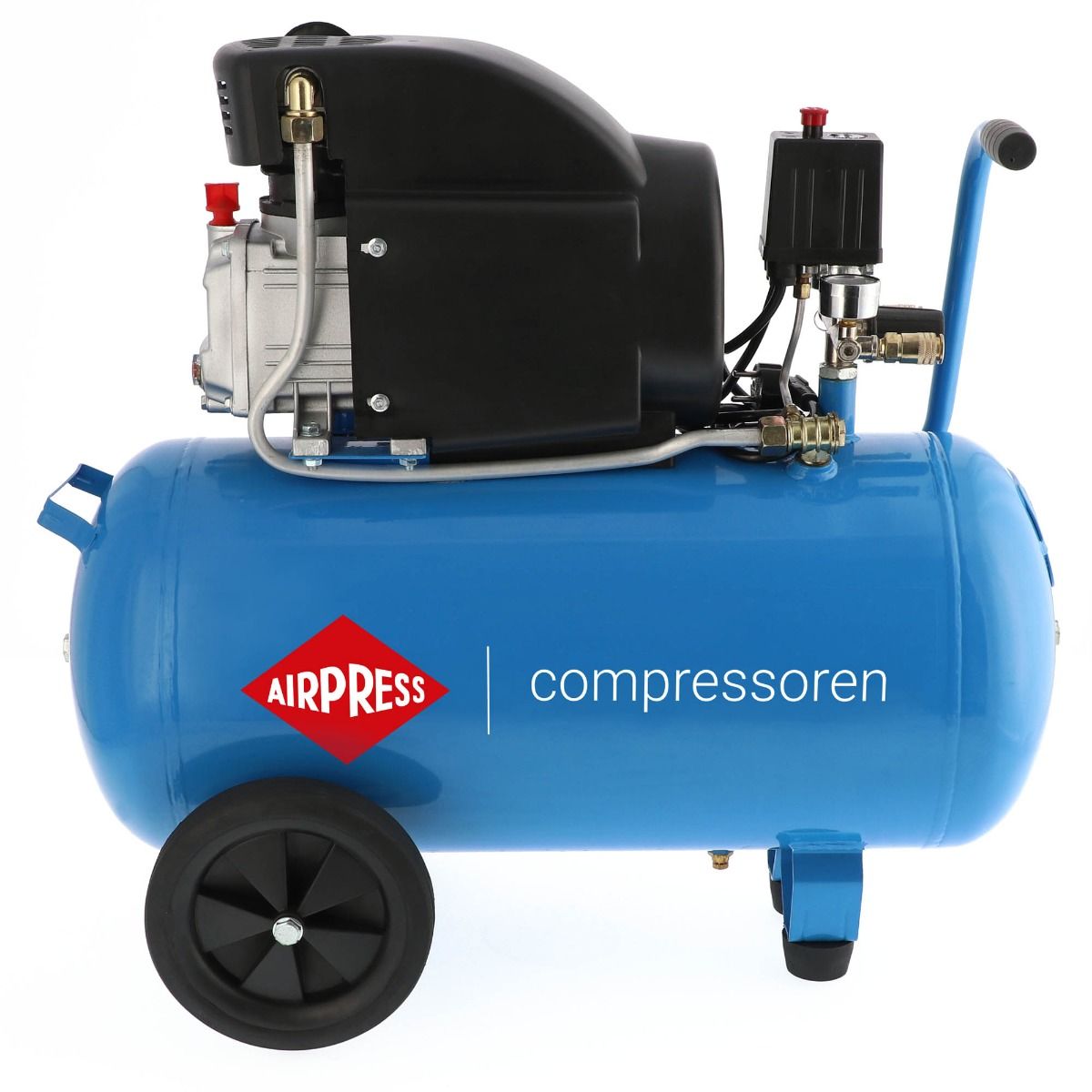 Kompresor olejowy Airpress na niebieskim zbiorniku z wężem powietrza