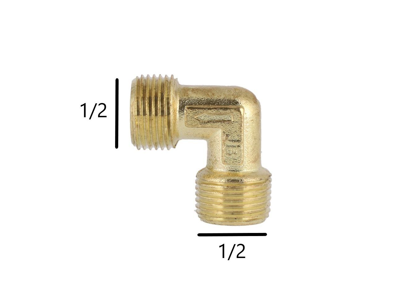 Kolanko mosiężne 1/2" z gwintem, oznaczenia wymiarów 1/2