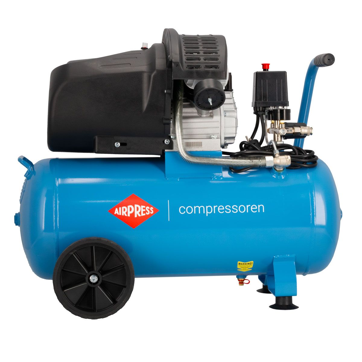 Sprężarka powietrza Airpress z niebieskim zbiornikiem, czarną obudową i wężem