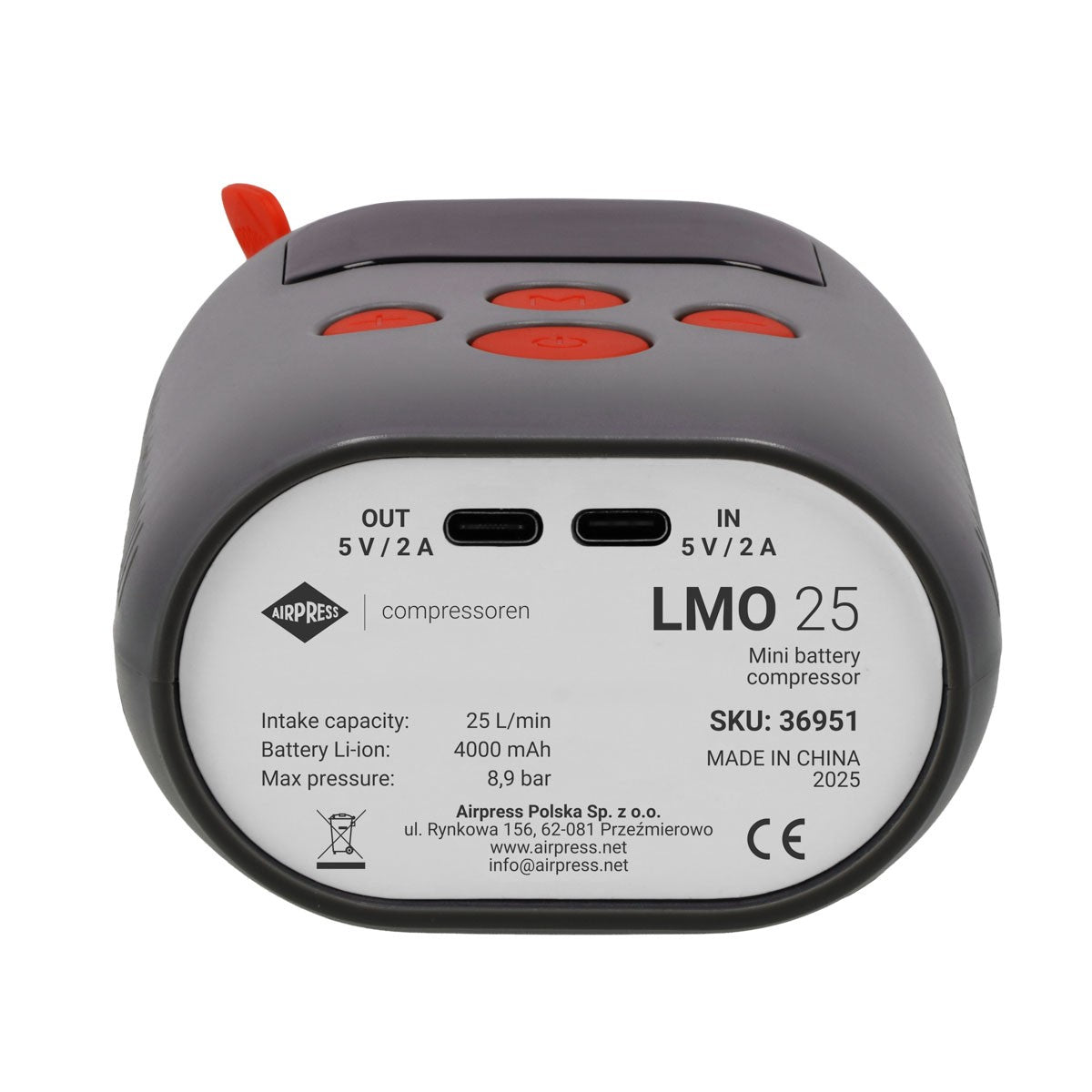Mini kompresor LMO 25 z power bankiem i latarką 8 bar 25 l/min 4000 mAh 5V