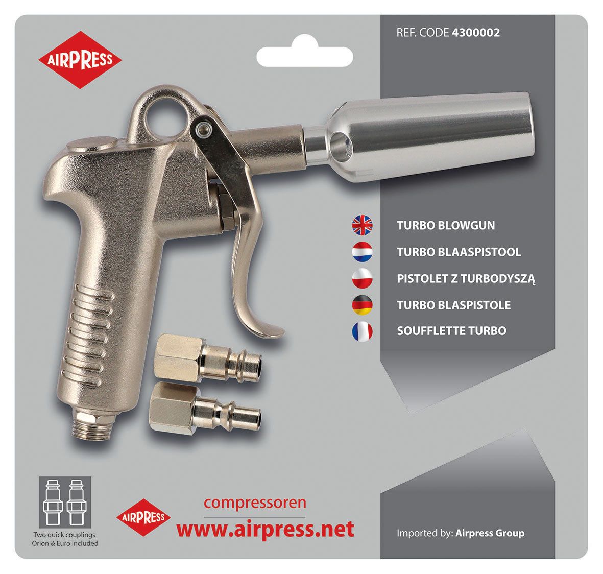 Pistolet do przedmuchu z turbodyszą w komplecie z nyplami typ Euro i Orion