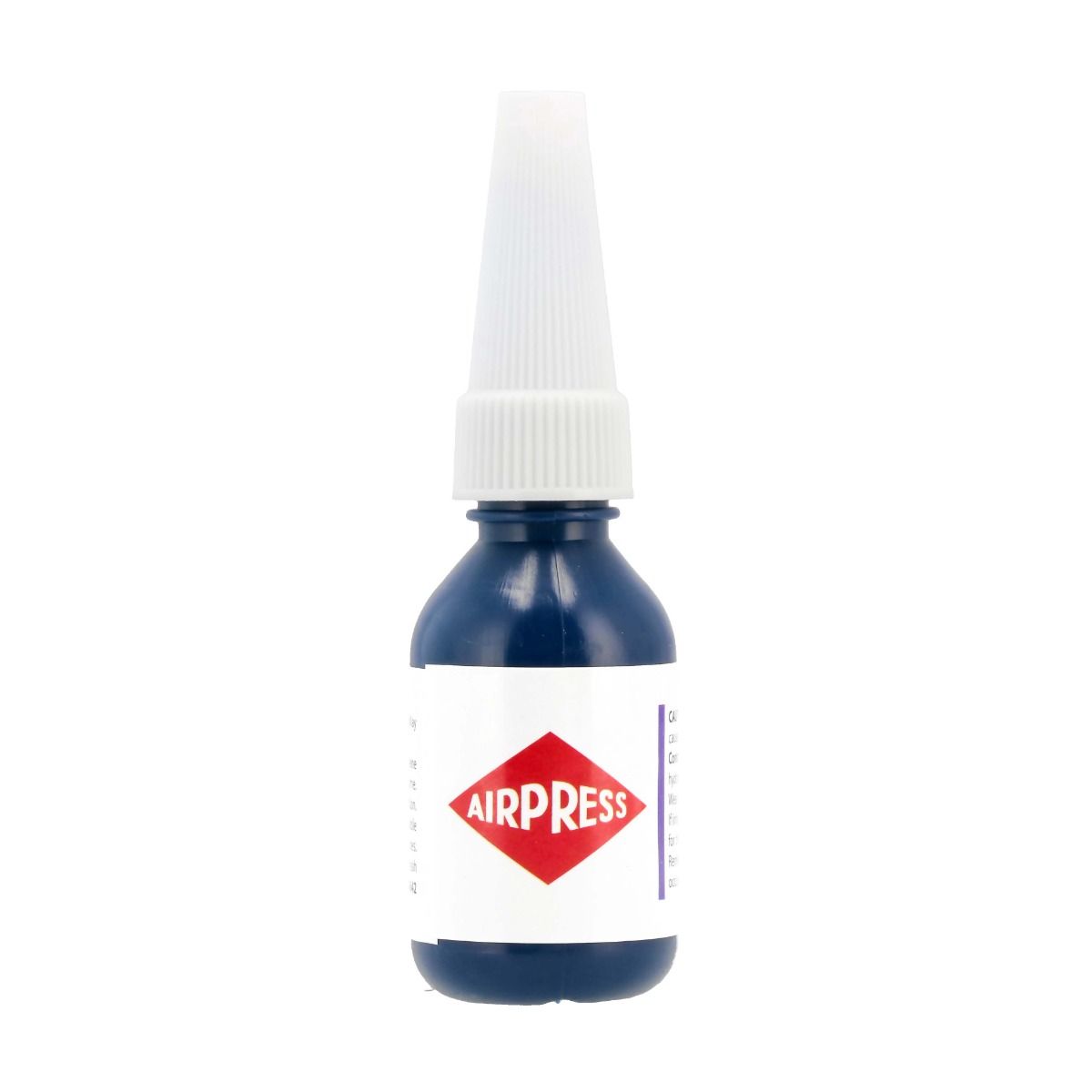 Klej do gwintów Airpress w butelce z białą zakrętką, niebieski płyn