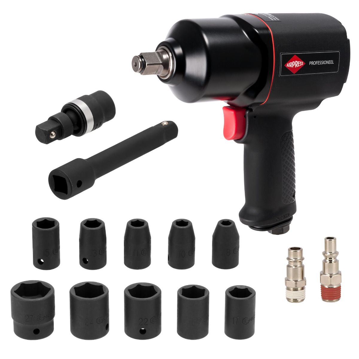 Klucz udarowy pneumatyczny 1/2" Airpress + nasadki udarowe (10 sztuk) - zestaw do kół