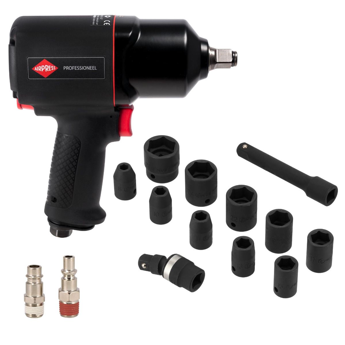 Klucz udarowy pneumatyczny 1/2" Airpress + nasadki udarowe (10 sztuk) - zestaw do kół