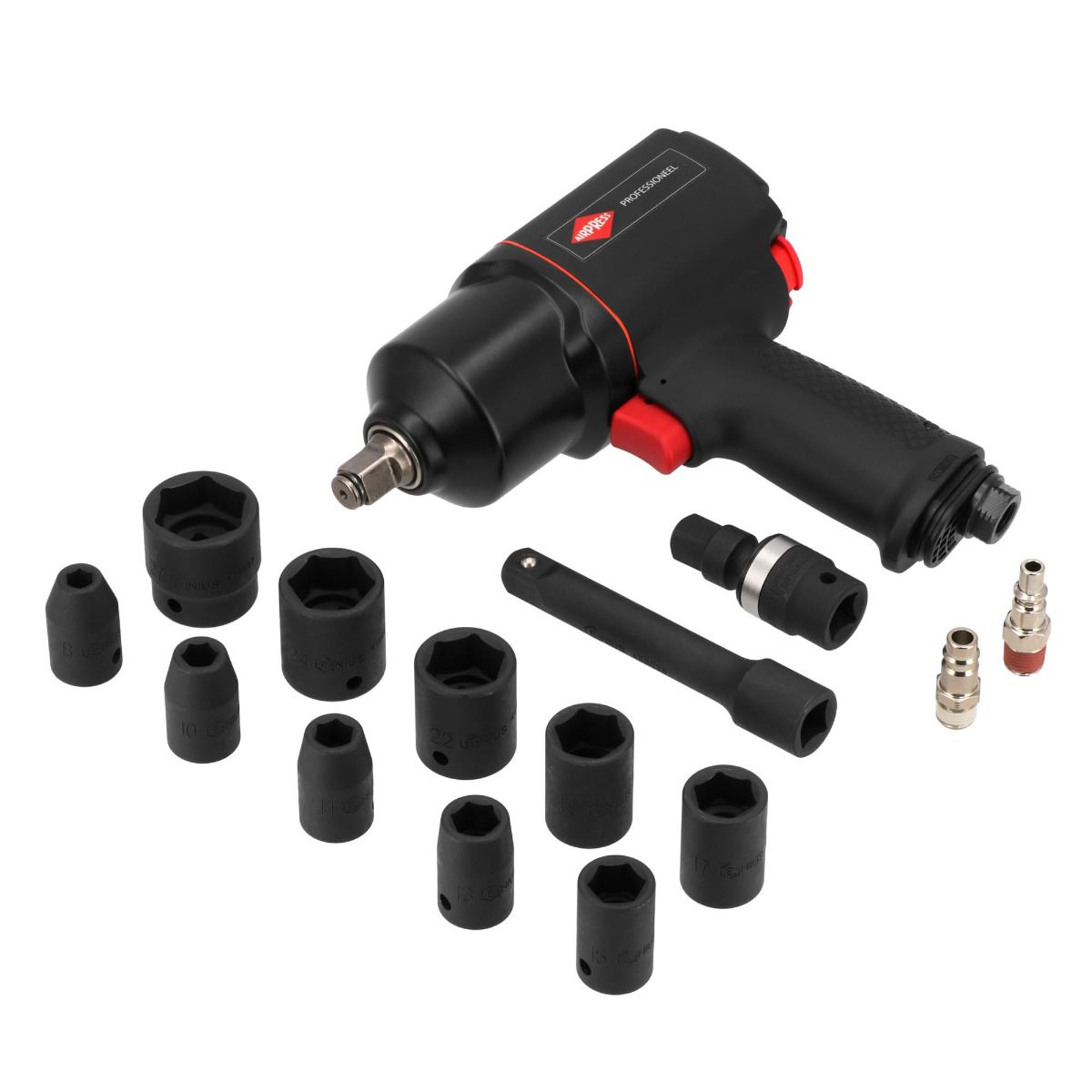 Klucz udarowy pneumatyczny 1/2" Airpress + nasadki udarowe (10 sztuk) - zestaw do kół