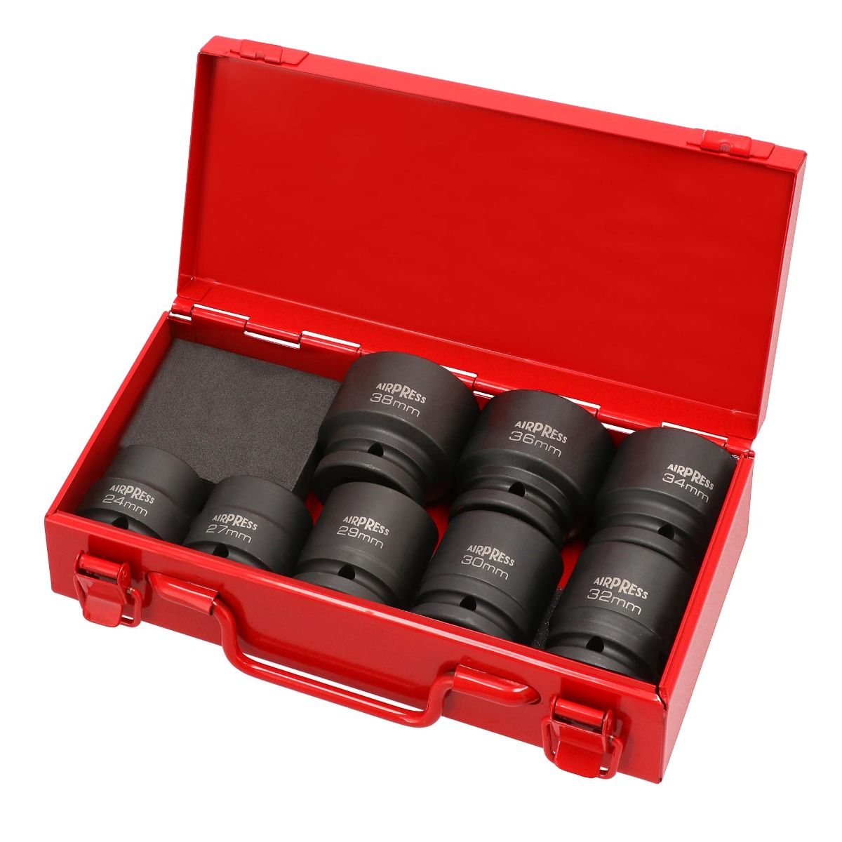 Czarne nasadki udarowe 3/4" Airpress w czerwonym etui z wkładką
