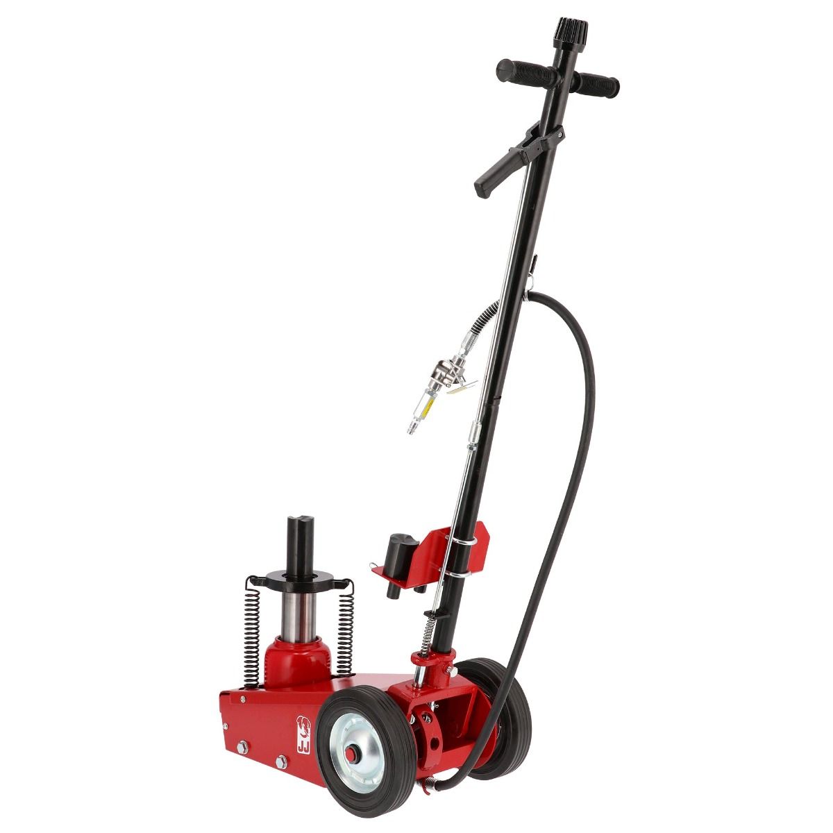 Podnośnik pneumatyczno-hydrauliczny z czarną ramą, czerwony korpus i koła
