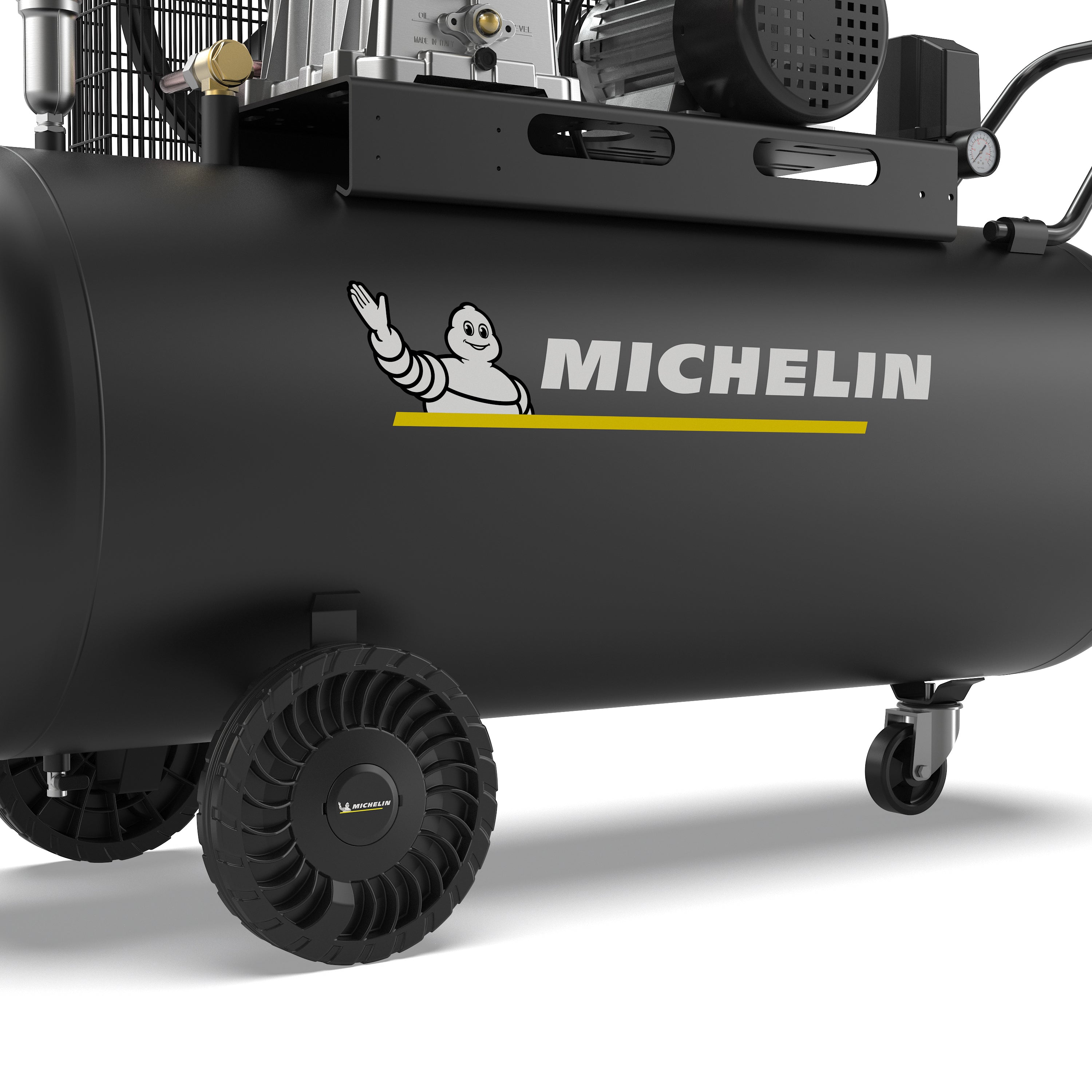 Kompresor olejowy Michelin: napis na czarnym zbiorniku i koła transportowe