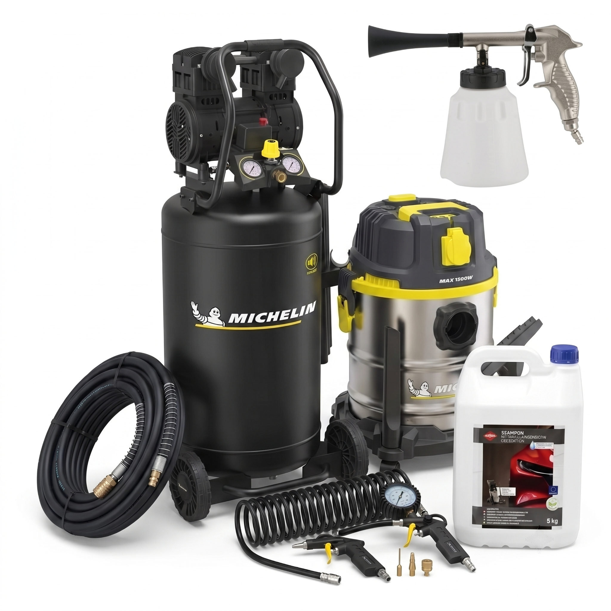 Zestaw do detailingu - Kompresor Michelin 100L + pistolet tornado + odkurzacz przemysłowy + zestaw akcesoriów