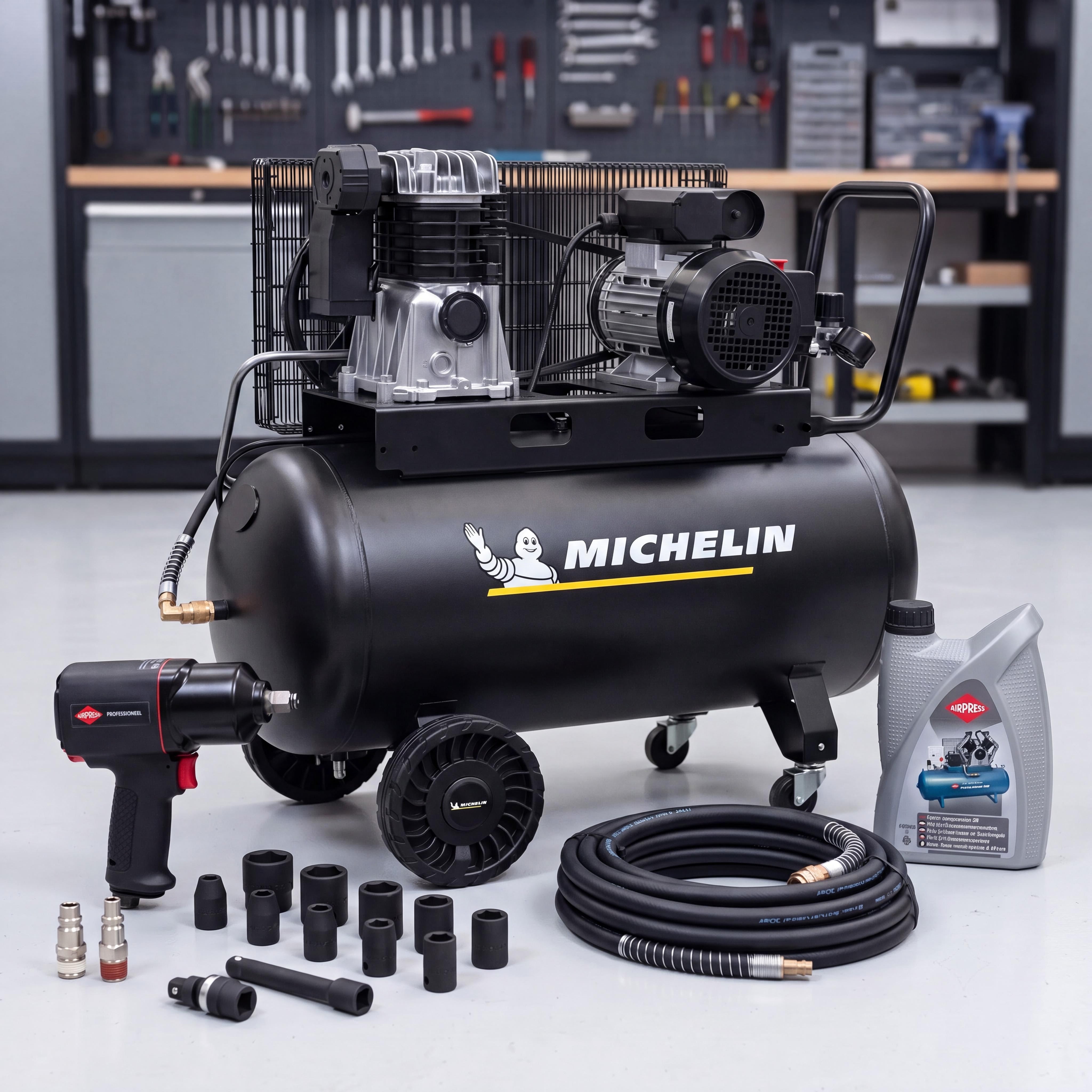 Kompresor warsztatowy MICHELIN 100 l z zestawem do wulkanizacji kół i wężem