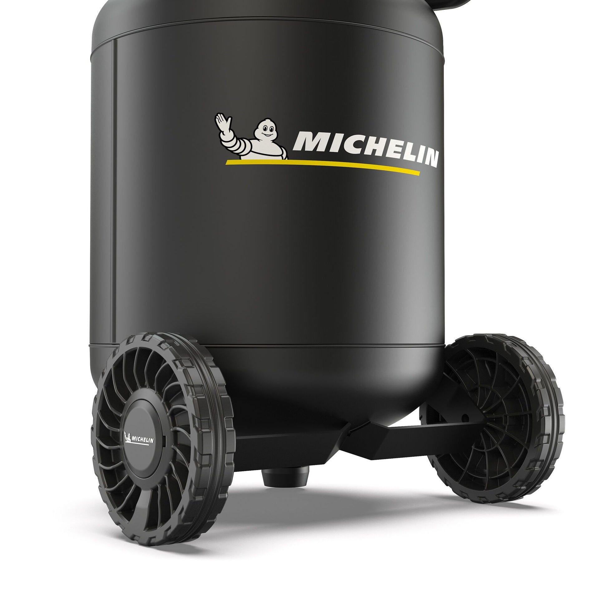 Kompresor MICHELIN z czarnym zbiornikiem na kołach i logo na korpusie